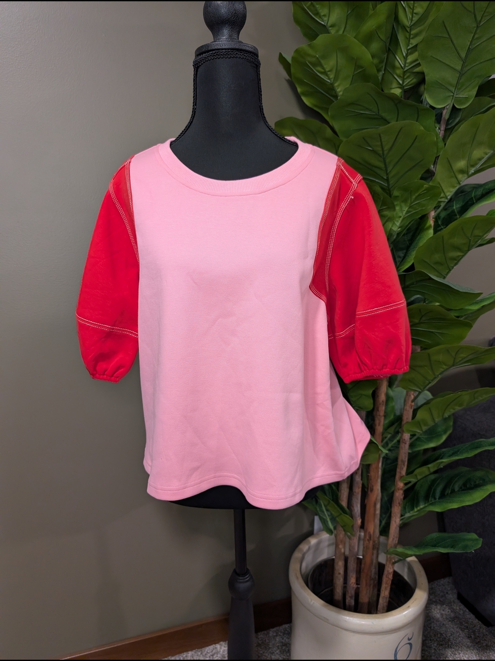 She + Sky - Large - Pink Body with Red Puff Sleeve Pullover